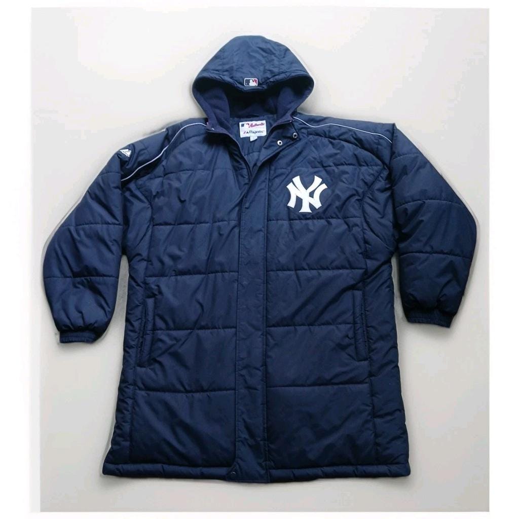 Vtg Majestic NEW YORK Yankees Navy Blue Mens L Hooded Long Puffer