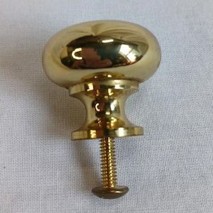 以下が含まれることがあります： 光沢のある金色のキャビネットノブ。楕円形の頭とねじ付きネジが付いています。ノブは周囲を反射します。このハードウェアは、家具や家の装飾プロジェクト向けに設計されています。