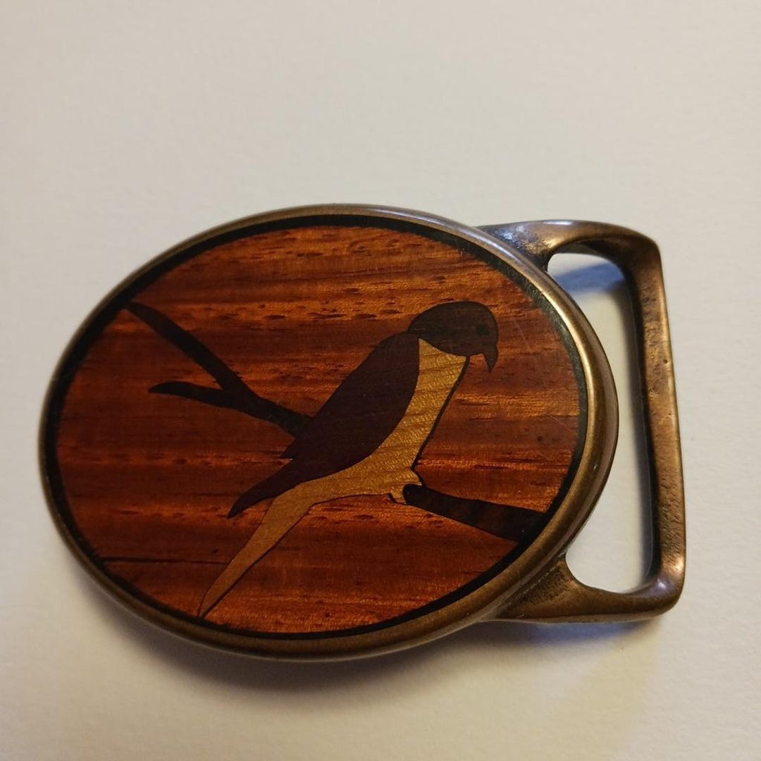 VTG Solid Brass Belt Buckle Hawk on Branch Marquetry Wood Inlay 70s ...