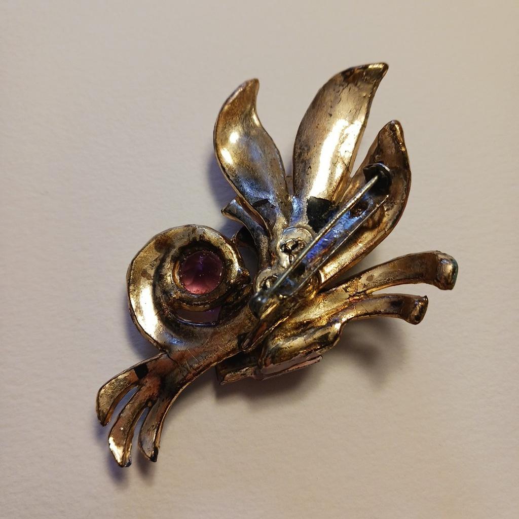 Vintage Plasticine Broach Gold Colored Plastic Pink Gem Turquoise