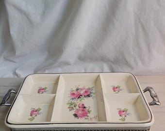 VTG Ovenproof Divided Serving Tray Floral Pink Rose Silver Raised Trivet