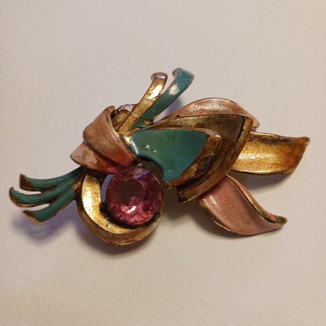 Vintage Plasticine Broach Gold Colored Plastic Pink Gem Turquoise