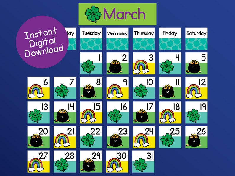 st patricks day calendar numbers for school