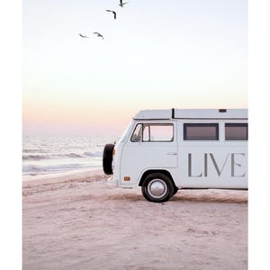 Minimalist Camper Van Beach Sunset Print, Vintage Van Wall Art, Ocean Travel Poster, Calm Aesthetic Coastal Decor