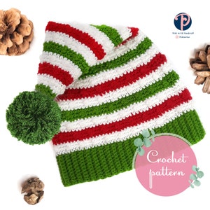 May include: A crochet elf hat with a green pom pom. The hat is striped with red, white, and green yarn. The text "Crochet pattern" is written in a pink circle on the image.