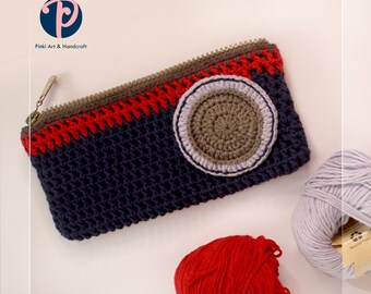 Knitted Navy Blue Crocheted Pencil Case | Crochet Pencil Case