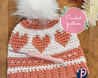 Crochet Hat Pattern, Crochet Beanie Pattern, PDF Pattern, Winter Hat Pattern, Woman Child Baby Hat Pattern, Heart Hat Pattern