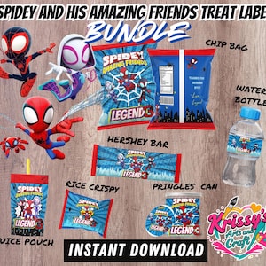 Può includere: Un pacchetto di etichette per dolcetti a tema Spidey e i suoi fantastici amici. Include etichette per un sacchetto di patatine, una bottiglia d'acqua, una barretta Hershey, riso croccante, una bustina di succo e un barattolo di Pringles.