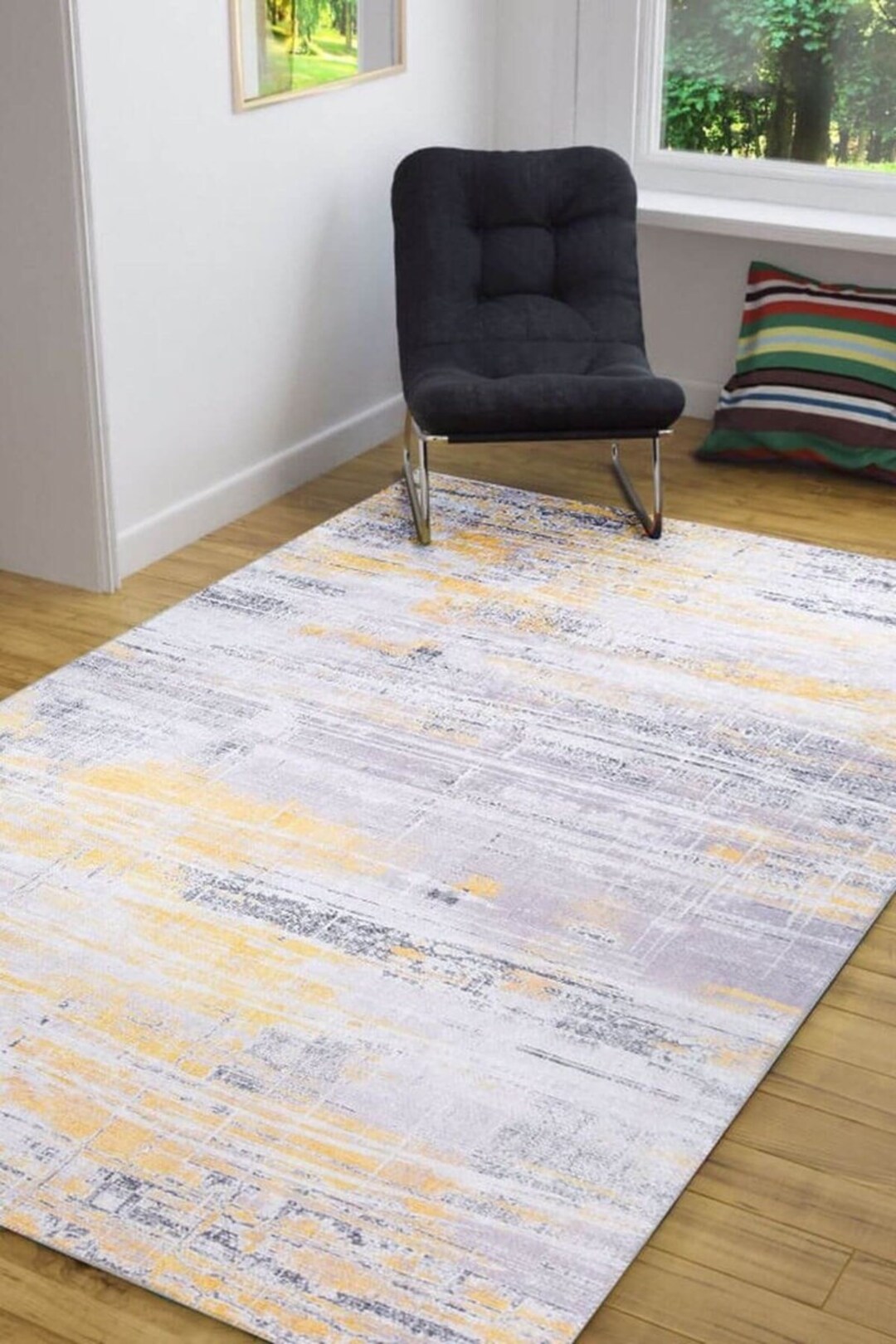 Abstract Yellow Gray Rug for Bedroom Washable Carpet for Etsy