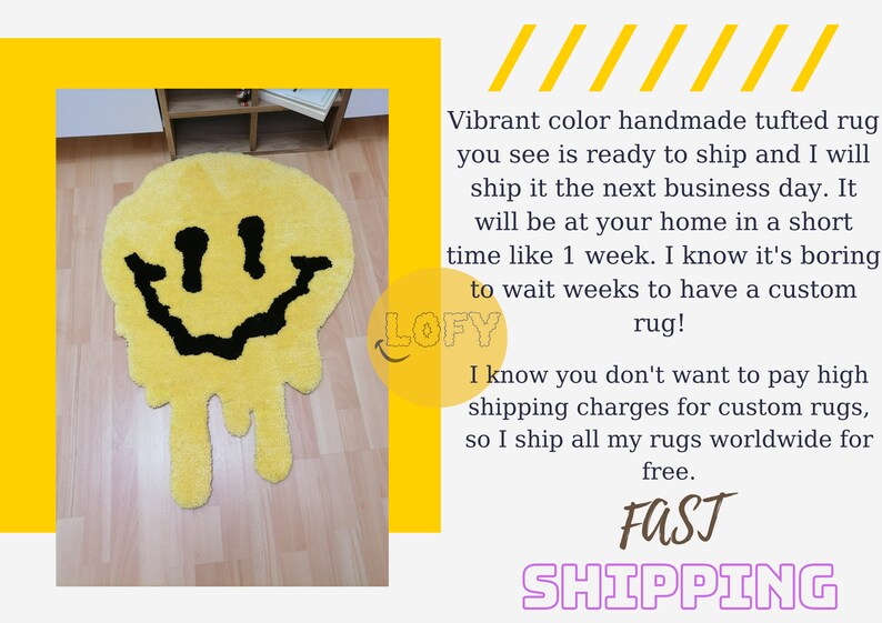 Dripping Smiley Face Rug Yellow Handwoven Tufted With Yarn - Etsy