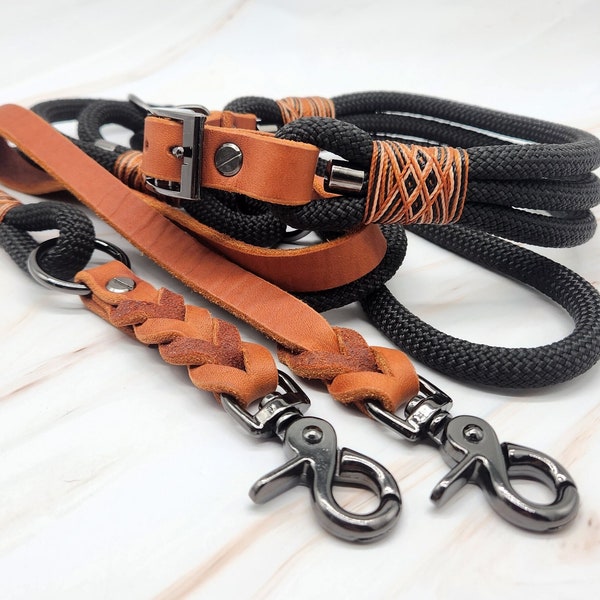 Rope/leather combo Black Whiskey & Gun collar and leash set, dog leash, dog collars, leashes, collar, dog accessories, greased leather