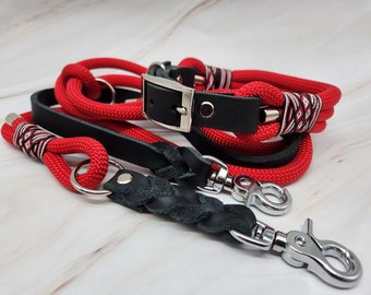 Tau/Lederkombi Chilli & Schwarz Silber Halsband- und Leinenset, Hundeleine, Hundehalsbänder, Leinen, Halsband, Hundezubehör, Fettleder