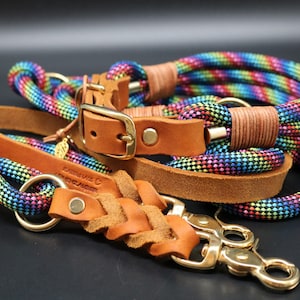 Rope/Leather Combination Rainbow & Cognac Brass Collar and Leash Set, Dog Leash, Dog Collars, Leashes, Collar, Dog Accessories, Fat Leather