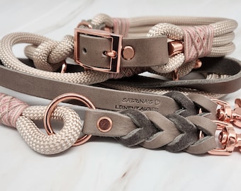 NEW Taupe/Leather Combo Pearl & Mud Rose Gold Collar and Leash Set, Dog Leash, Dog Collars, Leashes, Collar, Dog Accessories