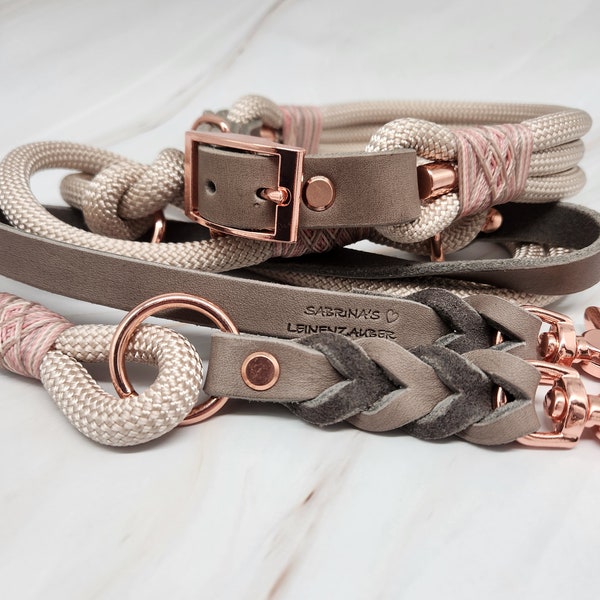 NEW Taupe/Leather Combo Pearl & Mud Rose Gold Collar and Leash Set, Dog Leash, Dog Collars, Leashes, Collar, Dog Accessories