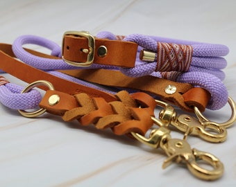 Taupe/Leather Combo Lilas & Cognac Brass Collar and Leash Set, Dog Leash, Dog Collars, Laisses, Collier, Accessoires pour chiens, Cuir gras