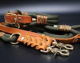 Tau/Lederkombi Forest Green & Cognac Messing Halsband- und Leinenset, Hundeleine, Hundehalsbänder, Leinen, Halsband, Hundezubehör, Fettleder