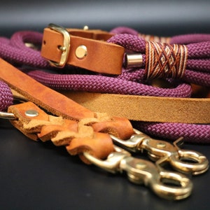 Rope/Leather Combination Aubergine & Cognac Brass Collar and Leash Set, Dog Leash, Dog Collars, Leashes, Collar, Dog Accessories, Fat Leather