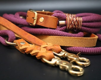 Rope/leather combination Aubergine & Cognac brass collar and leash set, dog leash, dog collars, leashes, collar, dog accessories, grease leather