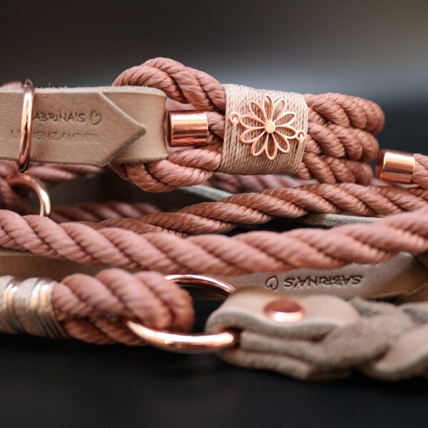 Tau/Lederkombi Kupferrosa & Schlamm Rosegold Halsband- und Leinenset, Hundeleine, Hundehalsbänder, Leinen, Halsband, Hundezubehör, Fettleder