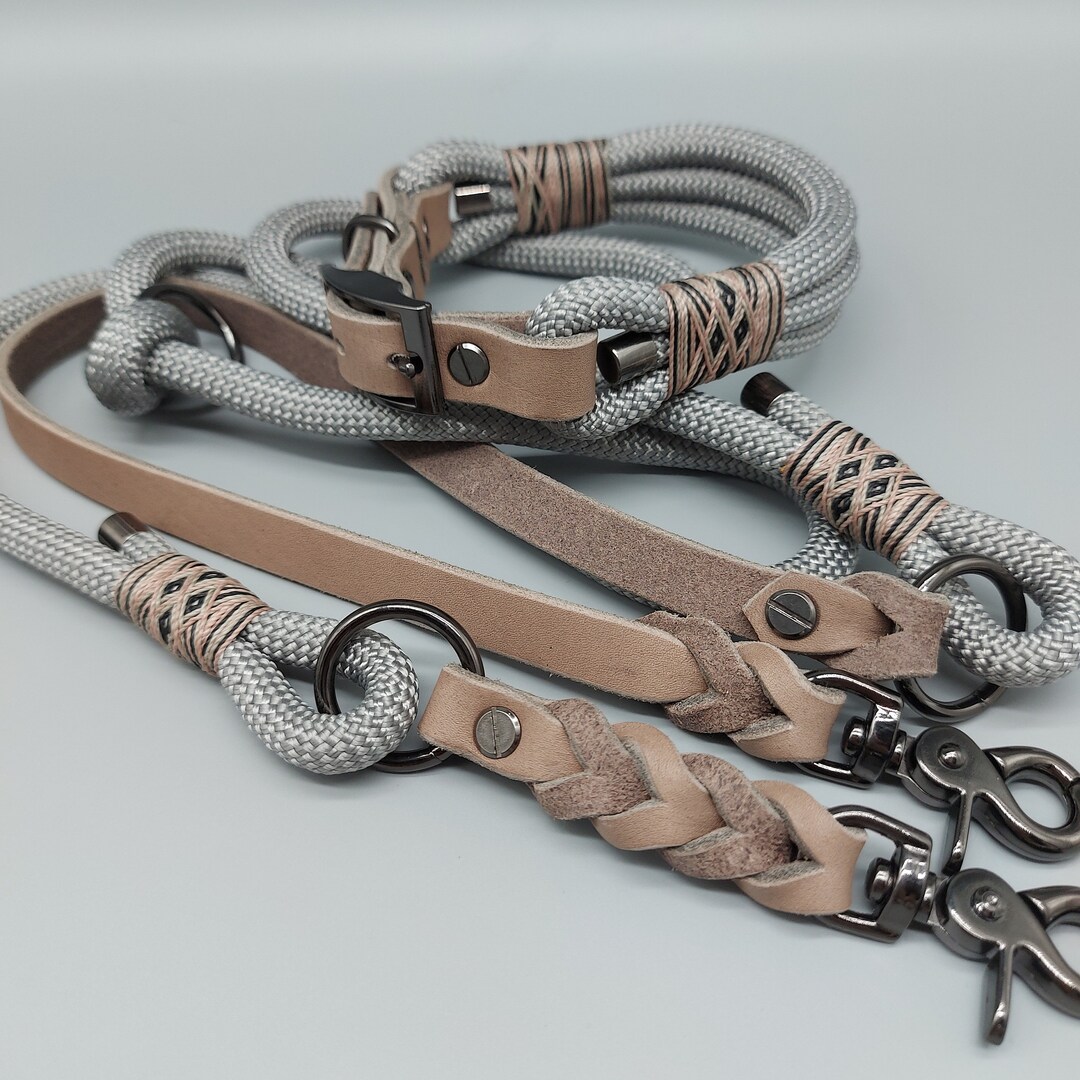 Rope/leather Combination Shiny Silver Dog Leash & Collar Set Etsy UK