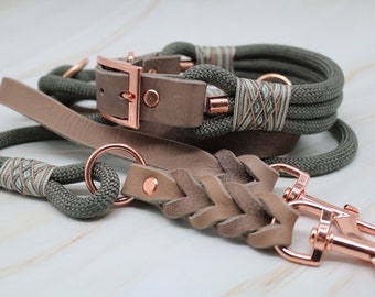 NEW Rope/Leather Combo Steel Gray & Mud Rose Gold Collar and Leash Set, Dog Leash, Dog Collars, Leashes, Collar, Dog Accessories