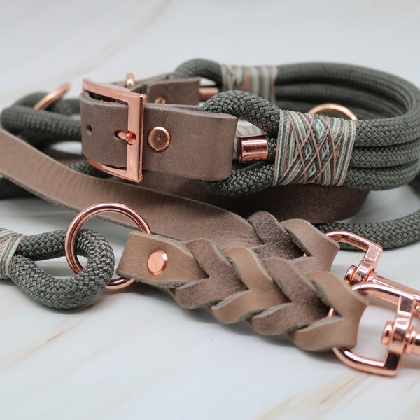 NEW Rope/Leather Combo Steel Gray & Mud Rose Gold Collar and Leash Set, Dog Leash, Dog Collars, Leashes, Collar, Dog Accessories