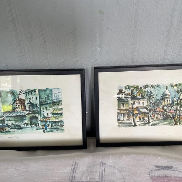 Paar Original 1960 Vintage Marius Girard gerahmte französische Paris Aquarelldrucke Galeriewand
