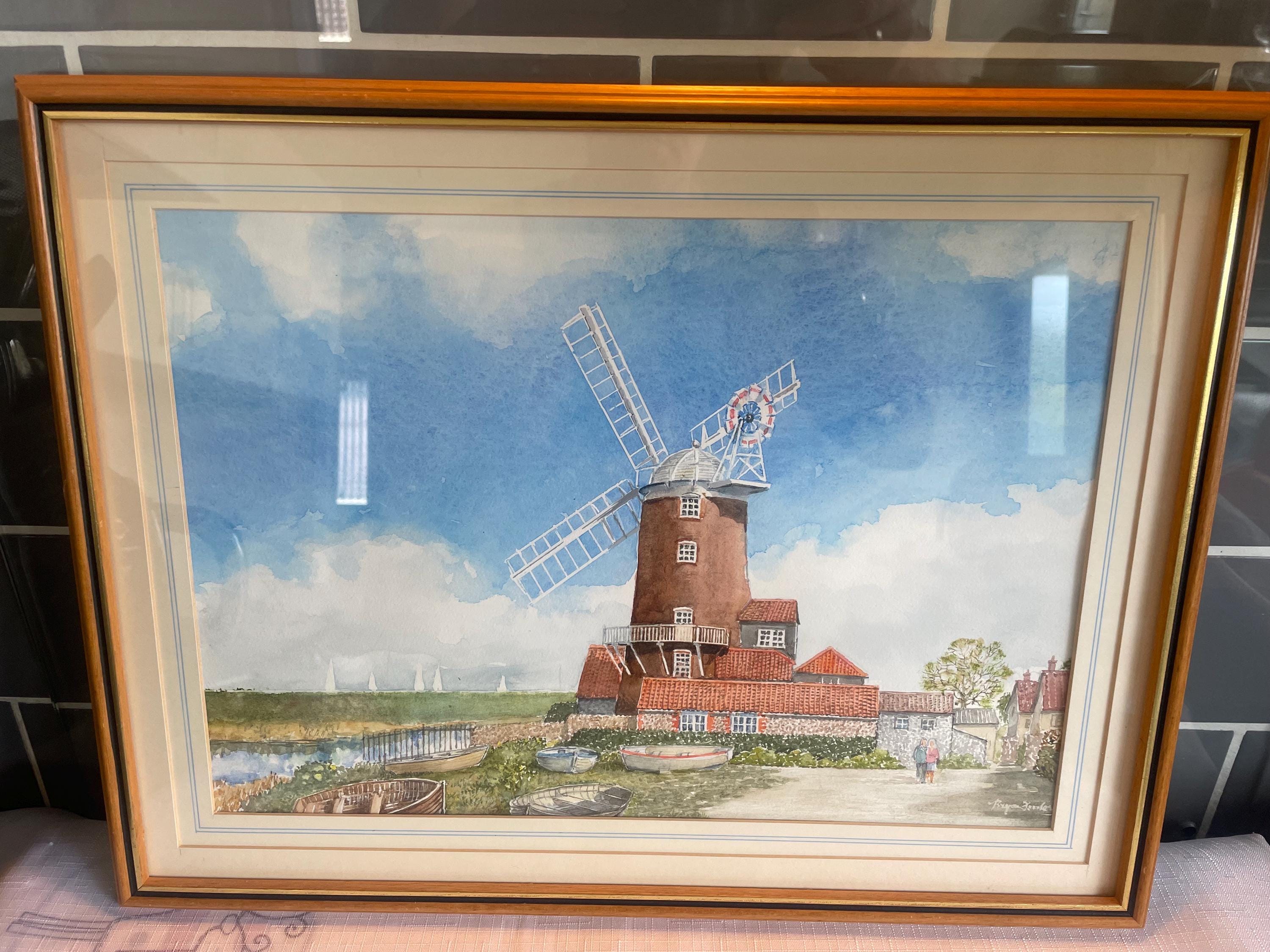 オリジナルの額入り水彩風車風景画 17