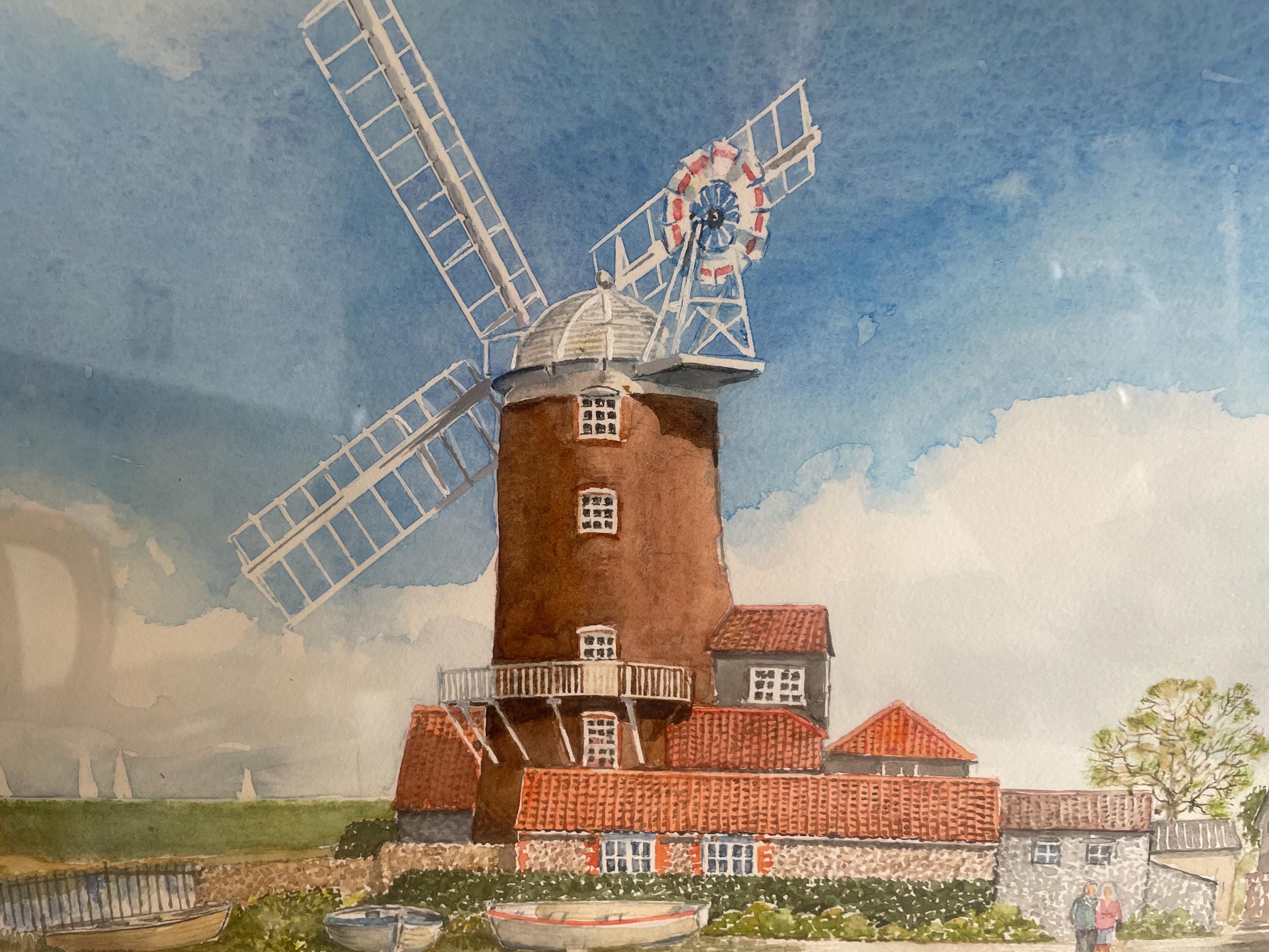 オリジナルの額入り水彩風車風景画 17