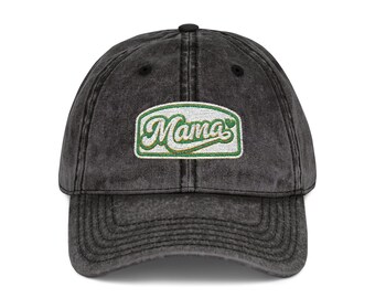 Mama Script Patch Cap | Embroidered Vintage Baseball Hat, Distressed Grey