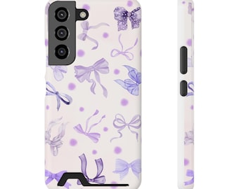 Coquette Purple Bows Phone Case With Card Holder - Stylish Smartphone Case, Cardholder Phone Cover, Cute Girly Bow Design, Trendy Card Slot