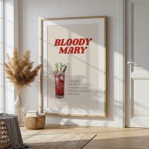 Wydruk koktajlu Bloody Mary | Dekoracja ścienna wózka barowego | Plakat do pobrania cyfrowego | Sztuka kuchenna | Znak napoju brunchowego | Prezent z przepisem na miksologię