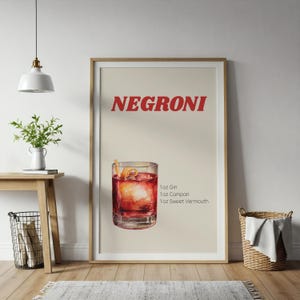 Koktajl Negroni Wydruk | Cyfrowa sztuka ścienna Bar Cart Decor Akademik Pierwszy apartament Kuchnia Plakat Przepis Wydrukowana grafika Znak baru alkoholowego