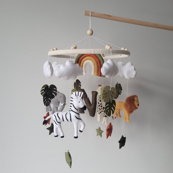 Baby crib felt mobile - Safari with lion, elephant, zebra and giraffee