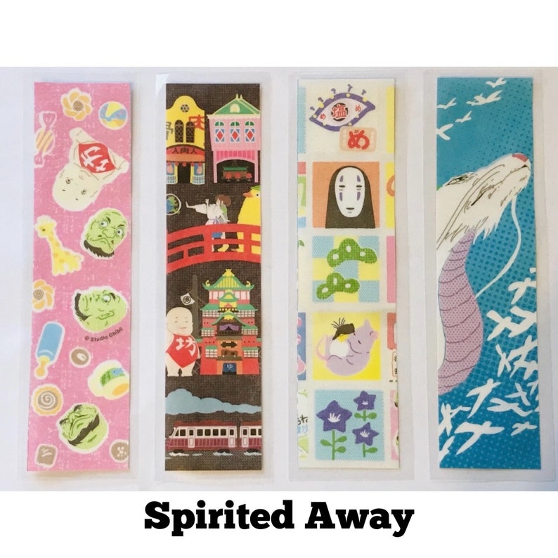 May include: Four colorful bookmarks featuring characters and scenes from the animated film "Spirited Away." The bookmarks include images of a variety of characters, buildings, and a dragon. The text "Spirited Away" is printed at the bottom.