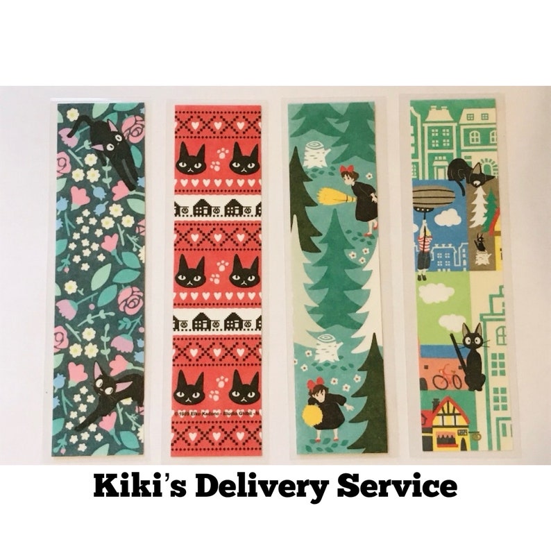 May include: Four decorative bookmarks featuring illustrations from Kiki's Delivery Service. Designs include a black cat, floral patterns, and scenes with a young witch. The text "Kiki's Delivery Service" is at the bottom.