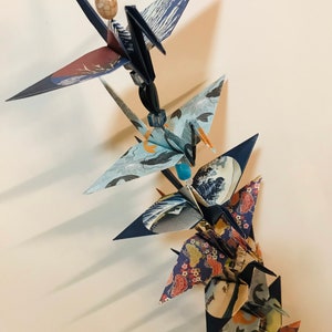 Japanese String of Origami Cranes (orizuru, cherry blossom, Mt.Fuji, Hokusai, lucky cat, gift idea, home decor, traditional)