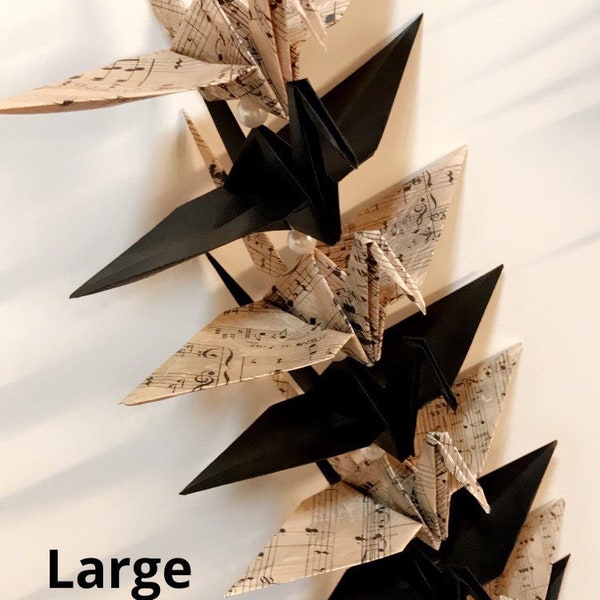 String of Origami Cranes - Mini & Large sizes (Gothic, Black, Music Notes, Birthday Gift, Gift Idea, Home Decor)