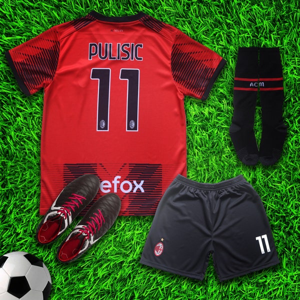 Milan Pulisic #11 Red/Black Soccer Jersey & Shorts with Socks Kit Set for Boys and Girls Youth Sizes