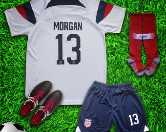 USA Morgan #13 White Soccer Jersey & Shorts with Socks Set for Boys and Girls Youth Sizes