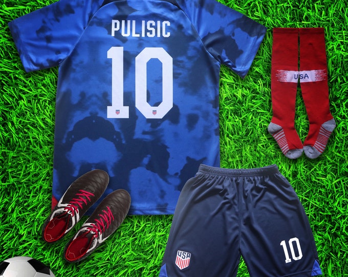 USA Pulisic #10 Blue Soccer Jersey & Shorts with Socks Set for Boys and Girls Youth Sizes
