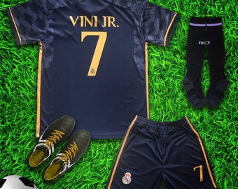 Madrid Vini Jr. #7 Away New 2023/2024 Soccer Jersey & Shorts with Socks Set for Boys and Girls Youth Sizes