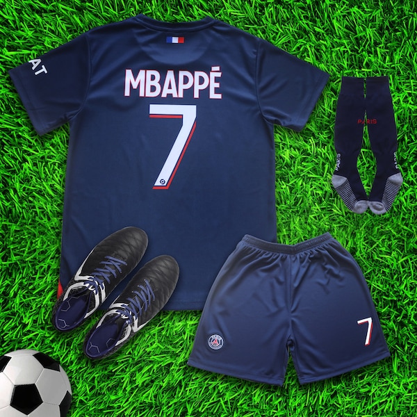 Paris Mbappe #7 Home New 2023/2024 Soccer Jersey & Shorts with Socks Set for Boys and Girls Youth Sizes