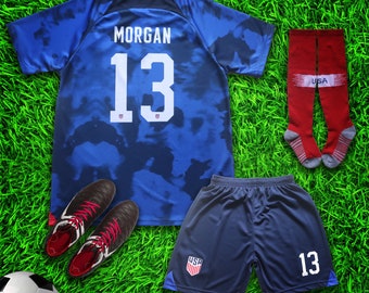 USA Morgan #13 Blue Soccer Jersey & Shorts with Socks Set for Boys and Girls Youth Sizes