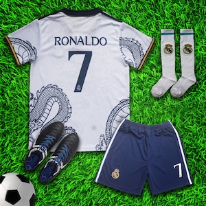 Madrid Ronaldo #7 White Dragon Limited Special Edition Soccer Jersey Kit & Shorts with Socks Set for Boys and Girls Vintage Youth Sizes