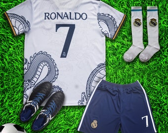 Madrid Ronaldo #7 White Dragon Limited Special Edition Soccer Jersey Kit & Shorts with Socks Set for Boys and Girls Vintage Youth Sizes