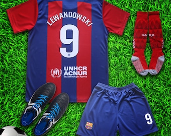 Barcelona Lewandowski #9 Home New 2023/2024 Soccer Jersey & Shorts with Socks Set for Boys and Girls Youth Sizes