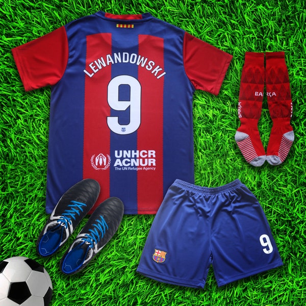 Barcelona Lewandowski #9 Home New 2023/2024 Soccer Jersey & Shorts with Socks Set for Boys and Girls Youth Sizes