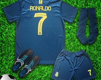Al Nassr Ronaldo #7 Away New 2023/2024 Soccer Jersey & Shorts with Socks Set for Boys and Girls Youth Sizes